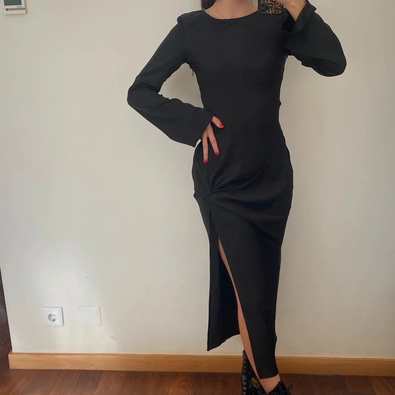ruched slit silky longsleeve maxi dress