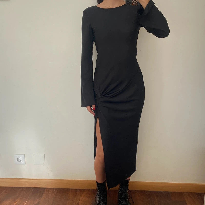ruched slit silky longsleeve maxi dress