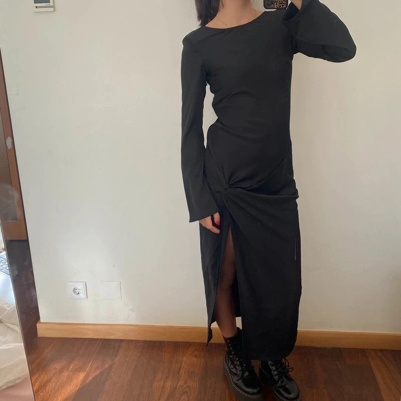 ruched slit silky longsleeve maxi dress