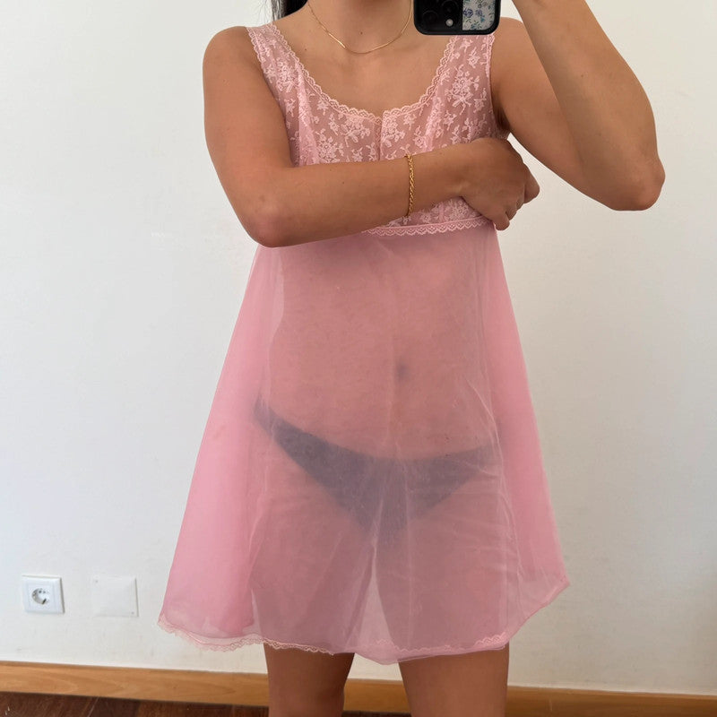 lingerie bubblegum pink babydoll lace sheer mini slip dress