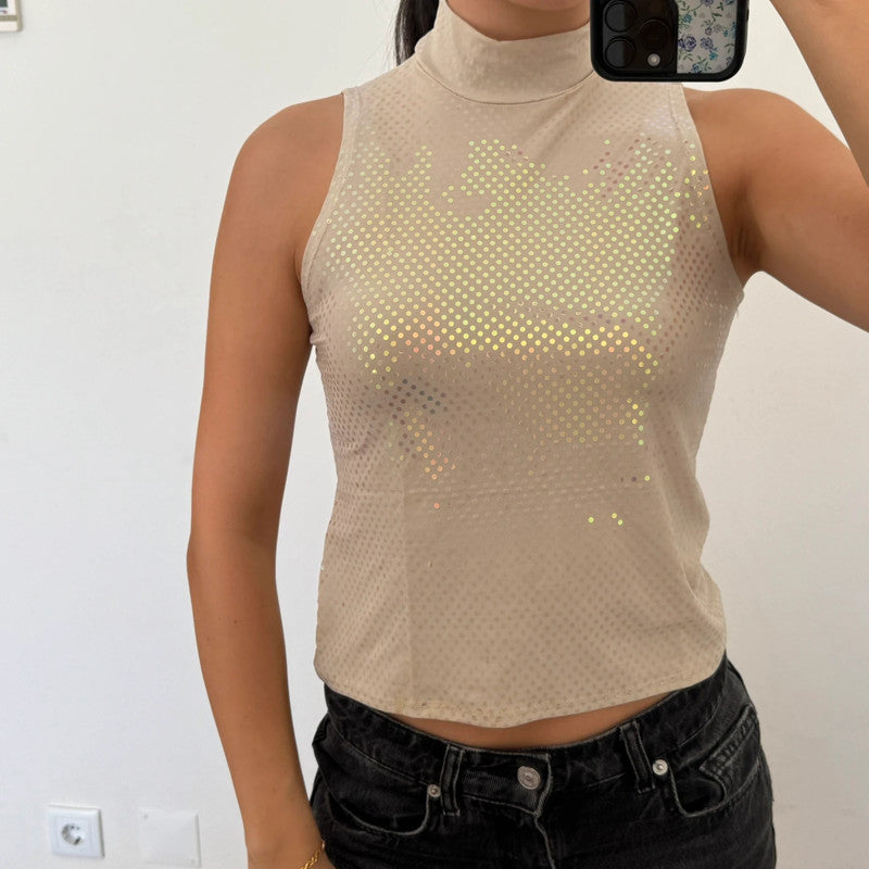 sequined holographic mockneck top