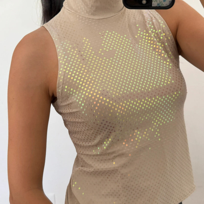 sequined holographic mockneck top
