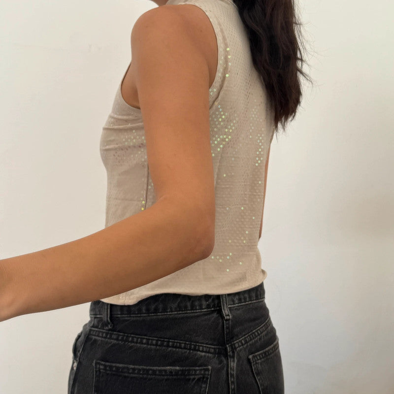 sequined holographic mockneck top